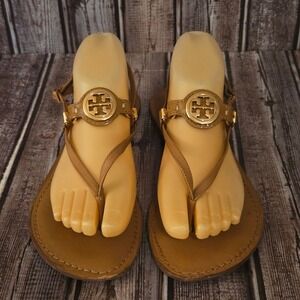 Sz 8.5 M Tory Burch Ali Brown Leather Gold Logo Thong Flat Sandals VGUC!